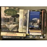 A box of assorted reference books relating to antiques, collecting antiques, clocks and watches.