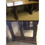 A medium oak Art Deco draw leaf dining table with panelled parquet style top.