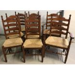 A set of 8 rush seated ladder back farmhouse dining chairs, comprising 6 chairs and 2 carvers.