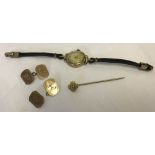 A Victorian gold stick pin, a ladies vintage 9ct gold cased watch, and 9ct gold cufflinks (a/f).