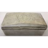 A silver clad wooden box with monogram decorative initials to top.