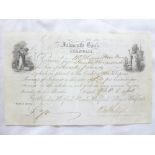 An 1864 Falmouth Bank printed receipt for £70 for Hawkey, Whitford, Hawke, Whitford,