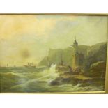 J**Henderson - oil on canvas Coastal scene with shipping,