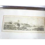 A black and white etching depicting various war ships and sailing ships at sea,