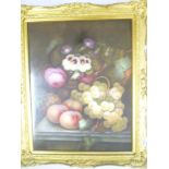 Poulton - oil on ceramic panel Study of flowers and fruit, labelled to verso,