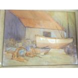 Fairfax Ivimey - watercolour The Boat shed with boats, signed,