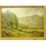 J**Whaite - oil on board Country landscape with figures in the foreground, signed,