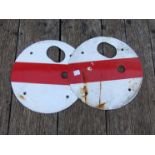 Two enamelled railway ground frame signals