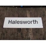 An aluminium regional railways station name sign - "HALESWORTH". 102.5 x 30cm