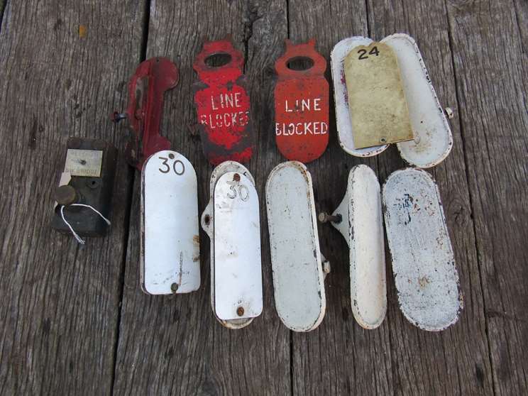 A quantity of railway signal arm accessories to include front name plates and line blocked