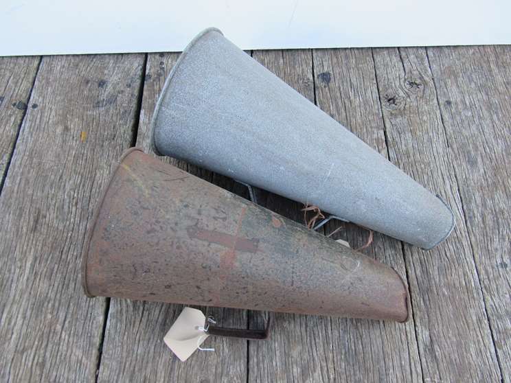 Two GER galvanised loud halers, one stamped "Brundall Junction Box"