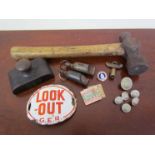 A selection of GER items including paperweight, LOOK OUT armband plate, waistcoat buttons,
