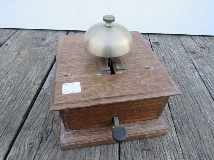 An oak cased railway block bell with mushroom bell with BECCLES to SAXMUNDHAM line telephone