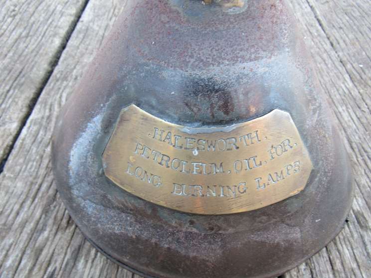 An oil funnel bearing a brass plaque inscribed "Halesworth Petroleum Oil" for long burning lamps" - Image 2 of 2