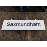 An aluminium double sided regional railways station name sign "SAXMUNDHAM" one side without writing