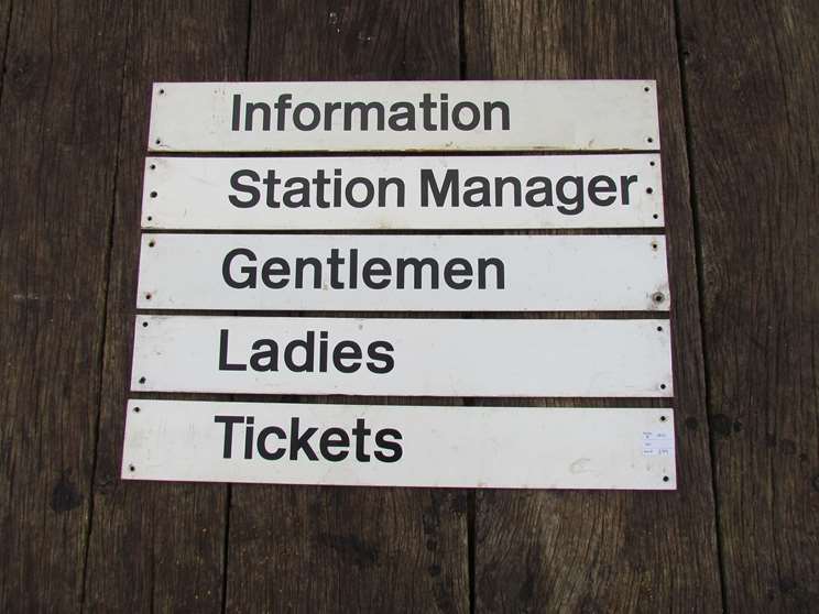 A selection of aluminium station signs, "TICKETS", "LADIES", "GENTLEMEN", "STATION MANAGER",