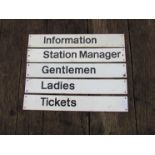 A selection of aluminium station signs, "TICKETS", "LADIES", "GENTLEMEN", "STATION MANAGER",