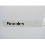 An aluminium regional railways station name sign - "BECCLES". 180 x 30cm