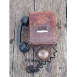 An oak edged railway signal box telephone with receiver and bell