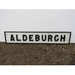 A painted wood signal box name plate "Aldeburgh" with metal letters