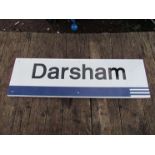 An aluminium Regional Railways Station name sign "DARSHAM" with Eastern Region blue underneath,