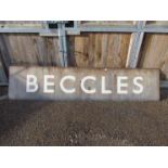 A B.R (E) Station Platform sign, "BECCLES", faded colour, 274cm x 61cm