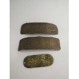 Three brass oil can plaques, "LOWESTOFT CENTRAL", "BECCLES" AND "BLYTHBURGH S.