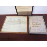 A framed and glazed HALESWORTH station plan. B.R (E) code of bell signals and certificate of merit