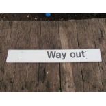 An aluminium regional railways station platform sign - "WAY OUT"