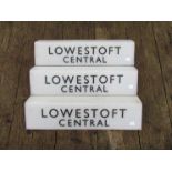 Three acetate Station Platform light covers, "LOWESTOFT CENTRAL"