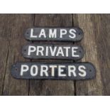 Three cast iron platform door signs - "LAMPS",