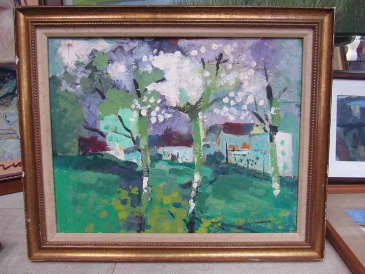 RONALD RONALDSON (1919-2015) colourful landscape with trees and buildings, oil on board 39cm x 50cm. - Image 3 of 4