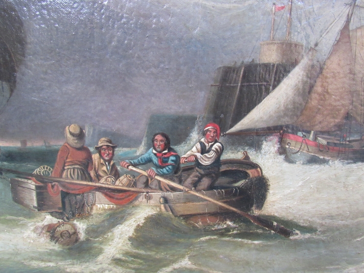 A 19th Century oil on canvas, boats coming into Dover harbour before the storm. - Image 3 of 5