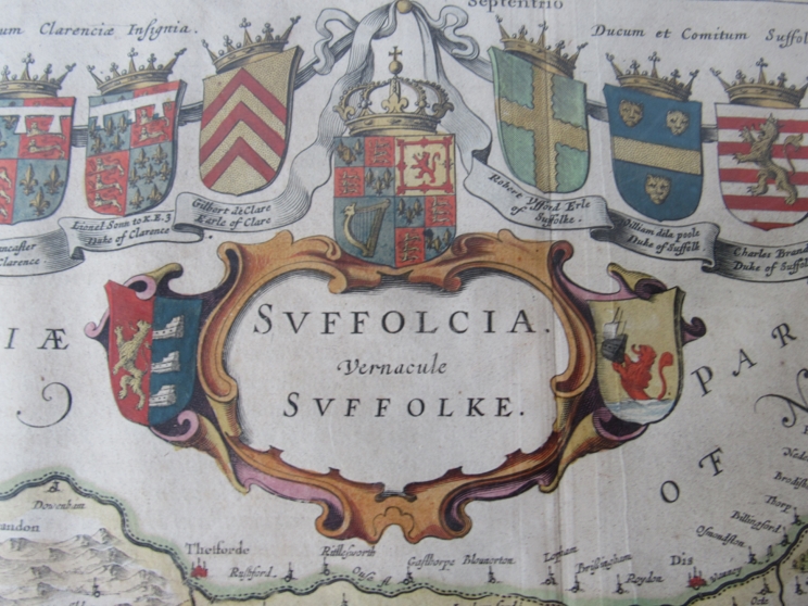 J. Blaeu - A framed and glazed hand coloured engraved map - Suffolcia Vernacule Suffolke. 38cm x 49. - Image 3 of 3