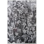 MONICA POOLE (1921-2003): "White Flowers", black and white lino cut, framed and glazed,