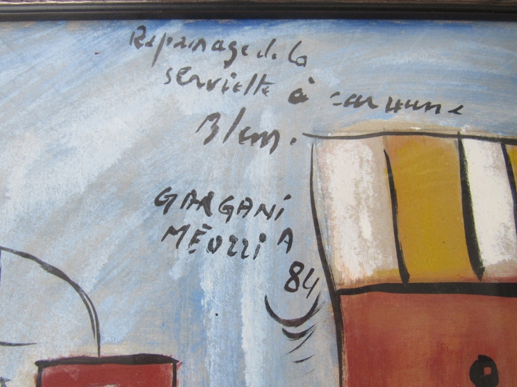 MEUZZI?: Pastel and watercolour depicting modernist style woman at table ironing, - Image 2 of 3