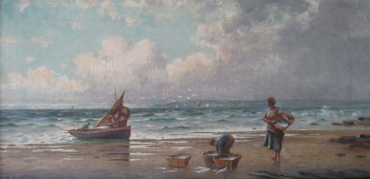 W RICHARDS (XIX) : An oil on canvas depicting fisherfolk getting a catch in, signed bottom left,