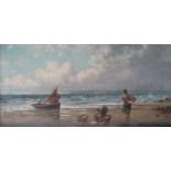 W RICHARDS (XIX) : An oil on canvas depicting fisherfolk getting a catch in, signed bottom left,