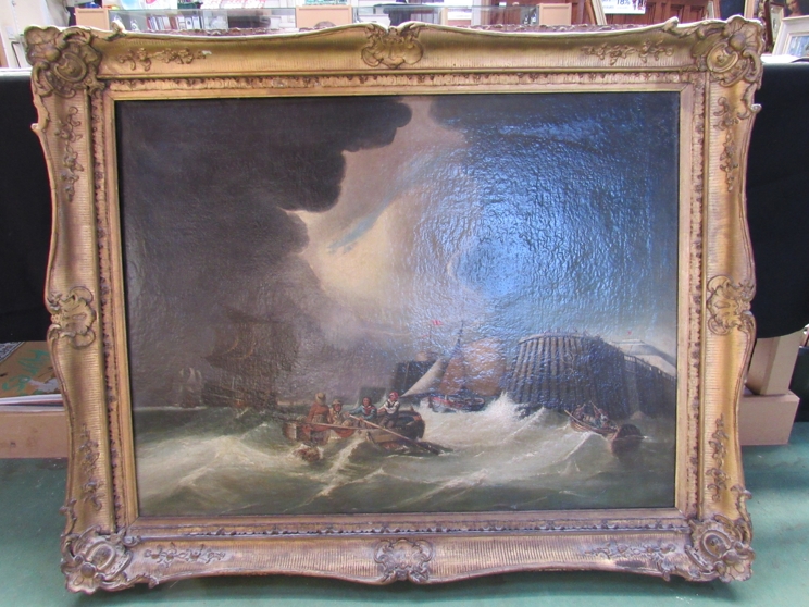 A 19th Century oil on canvas, boats coming into Dover harbour before the storm. - Image 2 of 5