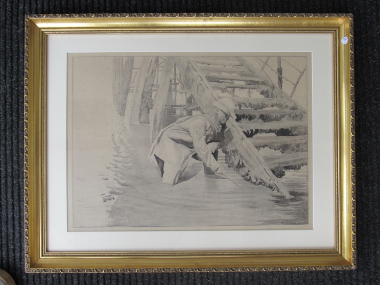 FRANK SOUTHGATE (1872-1916) A gilt framed and glazed monotone watercolour study 'Crabbing, - Image 2 of 6
