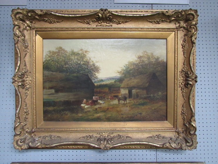 A pair of late 19th Century English School oils on canvas of farmstead scenes wtih cattle and