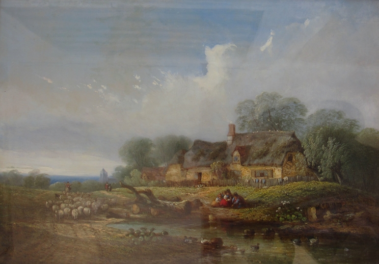 SAMUEL DAVID COLKETT (1806-1863) A gilt framed and glazed oil on board of thatched cottage beside