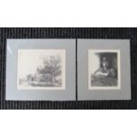 After Rembrandt - Two mounted etchings, cottage scene and self portrait,