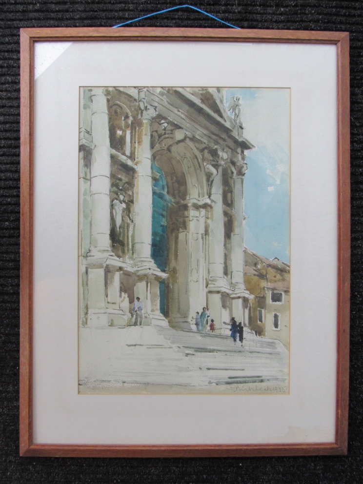 GEOFFREY BIRKBECK RBA RSW (1875-1954) A framed and glazed watercolour, Italian Basilica entrance. - Image 3 of 3