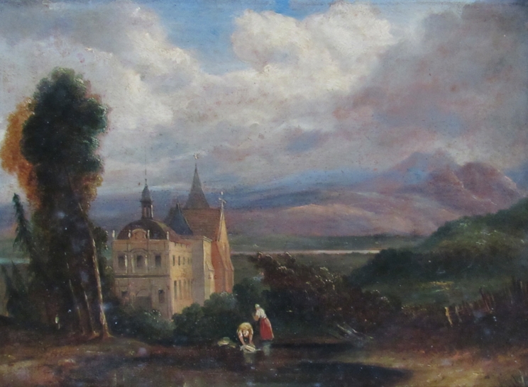 19th Century oil on board - landscape with figures and Church, set in a gilt frame. 20.5cm x 28.