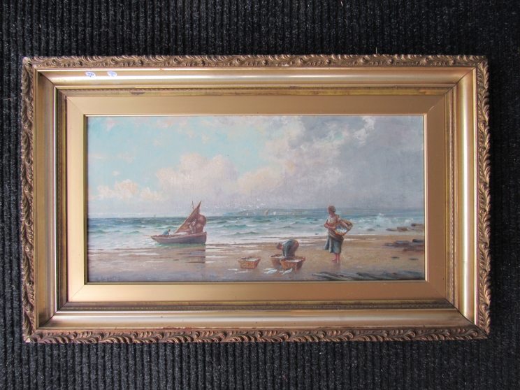 W RICHARDS (XIX) : An oil on canvas depicting fisherfolk getting a catch in, signed bottom left, - Image 3 of 4