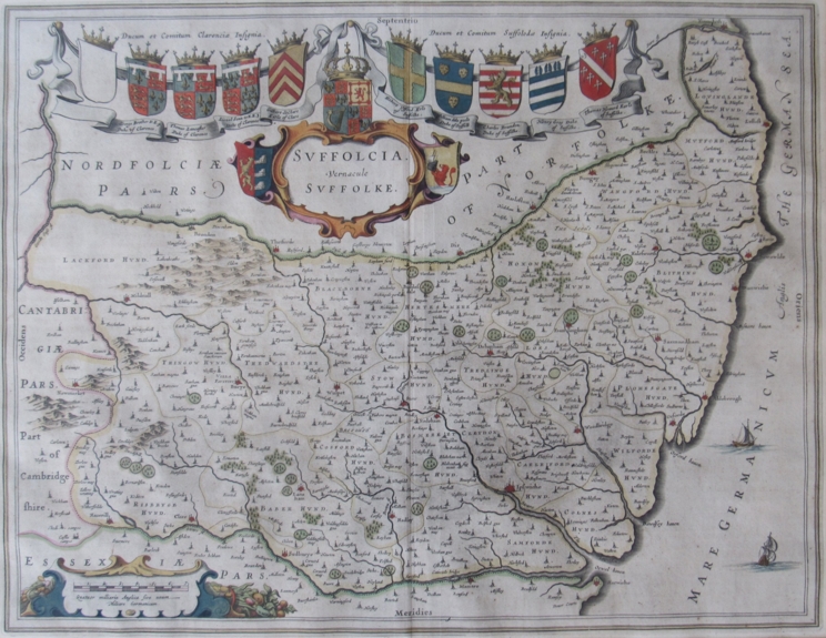 J. Blaeu - A framed and glazed hand coloured engraved map - Suffolcia Vernacule Suffolke. 38cm x 49.