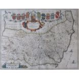 J. Blaeu - A framed and glazed hand coloured engraved map - Suffolcia Vernacule Suffolke. 38cm x 49.