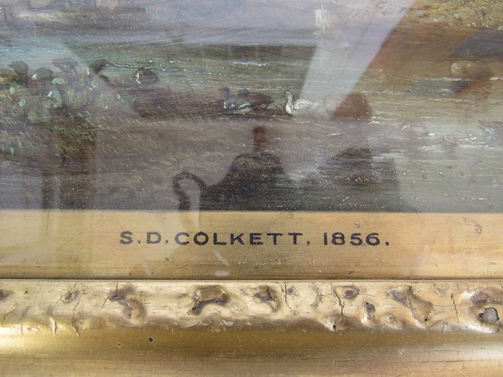 SAMUEL DAVID COLKETT (1806-1863) A gilt framed and glazed oil on board of thatched cottage beside - Image 2 of 3