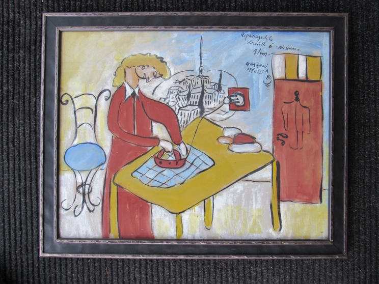 MEUZZI?: Pastel and watercolour depicting modernist style woman at table ironing, - Image 3 of 3